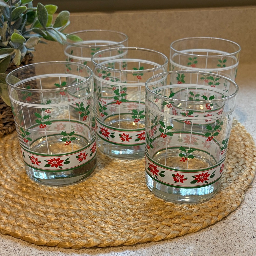 (5) Holiday Holly & Berry Poinsettia Libbey Double Old Fashioned Glasses